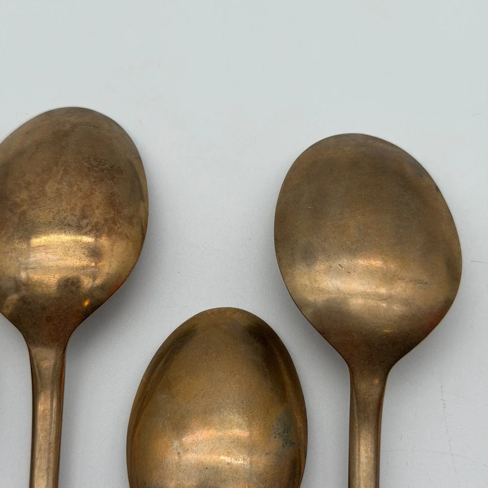 Vintage Bronze Brass Spoons Set of 5 Mid Century Modern Fiddle Handle Gold Tone